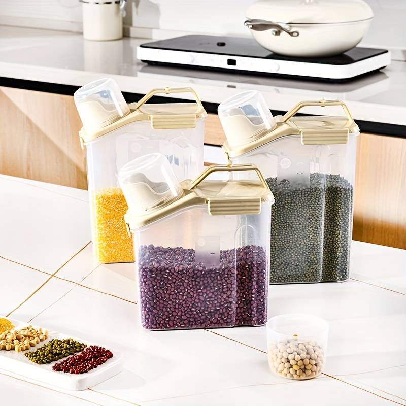 Cube Rice Storage Box, Kitchen Sealed Food Container, Transparent Grain Storage Tank, Food Storage Container with Pouring Spout And Measuring Cup Lid, Kitchen Pantry Organizer Cube Rice Storage Box, Kitchen Sealed Food Container, Transparent Grain Storage Tank, Food Storage Container with Pouring Spout And Measuring Cup Lid, Kitchen Pantry Organizer